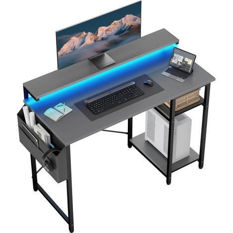 Escritorio informático - EcoFurnix - 100 x 48 cm - Modelo de dos niveles - Iluminación LED - Altura ajustable - Gris (1/5)
