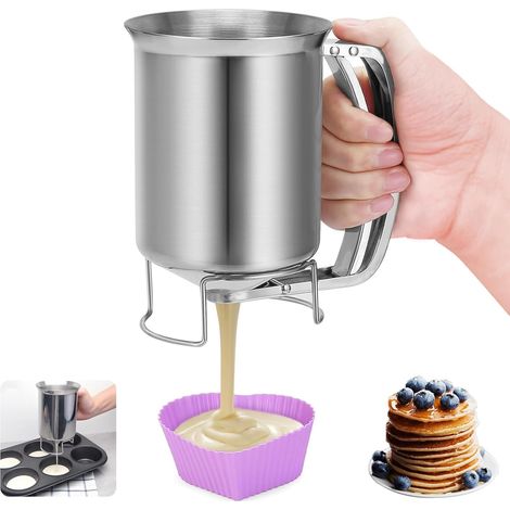 Distributeur Pâte Crêpes Acier Inoxydable, (600ml)Entonnoir Desserts Boulangerie avec Poignée Pressage, Doseur Liquide Tarte Aux Oeufs Professionnel, Verseur Gâteaux Manuel pour Cupcakes, Gaufres (1/5)