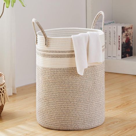 Woven Rope Laundry Hamper, 58L Tall Laundry Hamper, Woven Storage Basket,Baby Room Laundry Hamper for Blanket Storage, Hamper for Laundry in Bedroom-Brown & White(38x50cm) (1/5)