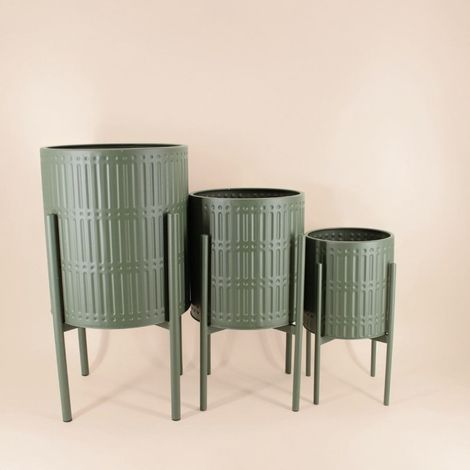 Set de 3 cache-pots en métal structuré vert