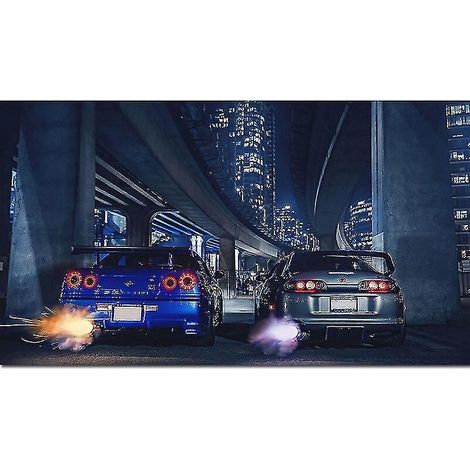 Rahmenloser Leinwanddruck GTR R34 vs Supra, ideal zur Dekoration von Wohnzimmer, Büro oder Wohnung. (1/5)