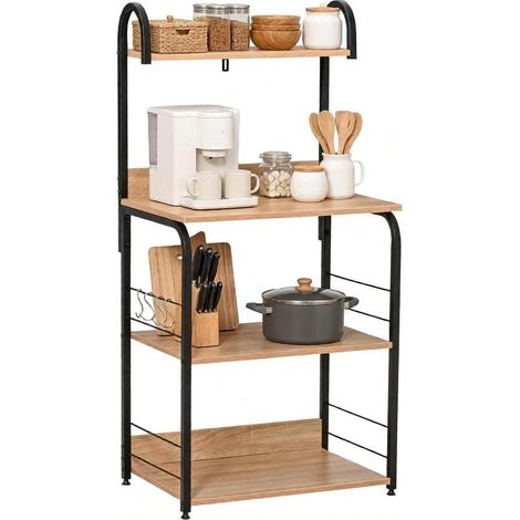 Estantería de cocina de 4 niveles con ganchos negra y efecto madera 60x40x125 cm (1/5)
