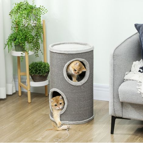 Tonel rascador para gatos 60 cm alto Ø 35 cm con 2 cuevas, borde de felpa, gris claro HAVRYA (1/5)