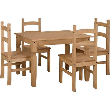 Corona Rectangular Dining Table and 4 Chair Set - Pine - 118 x 75 x 75 cm - Antique Waxed Pine