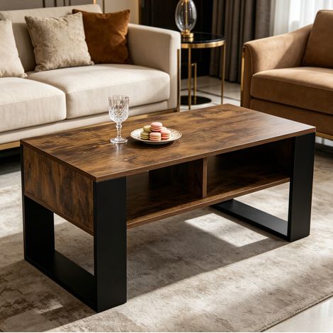 Couchtisch 90x45x45 cm schwarz und rustikal braun aus Holz mit 2 offenen Fächern (1/5)