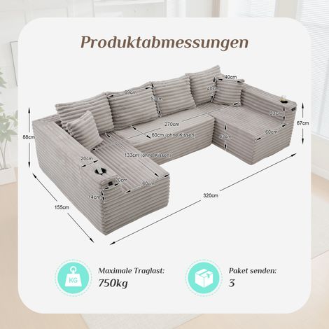 Canapé U en velours côtelé avec porte-gobelets et poches latérales, rembourrage à ressorts ensachés, 4 coussins de dossier et 2 coussins décoratifs. Forme ergonomique pour une assise confortable prolo (1/5)