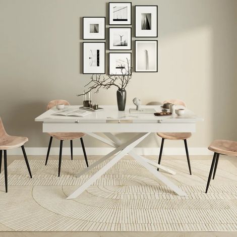 Tavolo allungabile 160 240x90cm top in ceramica effetto marmo e gambe in acciaio bianco Erik (1/4)