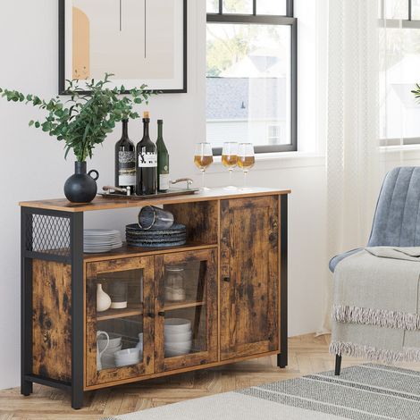 Meuble de Rangement VASAGLE - Buffet avec Placard 3 Portes - 110 x 33 x 75 cm - Style Industriel - Marron Rustique et Noir