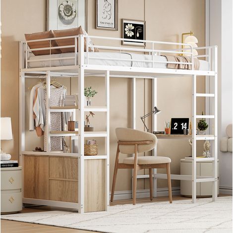 MEUBLIV Letto a soppalco 90x200 cm bianco – scrivania, ripiani e USB, senza materasso (1/5)