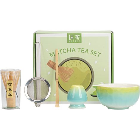 Service à matcha, 5 pièces – bol martelé jaune-vert – style dynastie Song, (1/5)
