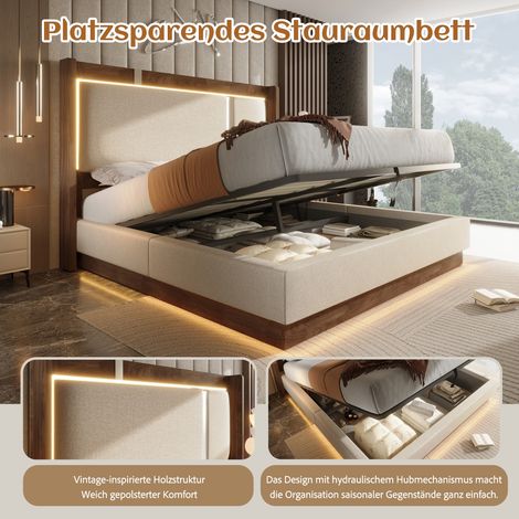 Lit double 140x200 cm capitonné, sommier à lattes intégré, éclairage LED, coffre de rangement avec vérin hydraulique, teinte lin beige et noyer, sans matelas (1/5)