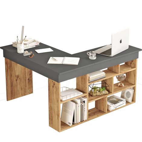 Holzschreibtisch "CT5" - 129 x 120 x 72 cm - Atlantikkiefer Anthrazit