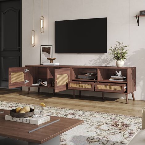 Mueble TV con 2 Puertas de Ratán y 2 Cajones, 8 Patas, para Salón, Tablero de Partículas, Marrón, 200×37×49,5 cm (1/5)