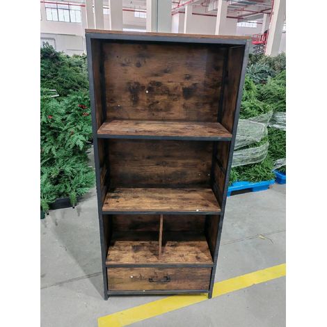 Bibliothèque à 5 Niveaux avec 4 Compartiments de Rangement, Tiroir en Tissu Pliable, Meuble de Rangement Ouvert avec Structure en Métal, pour Salon,