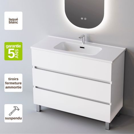 Meuble de salle de bain plan vasque Solide Surface, 3 Tiroirs,l60xh90xp45, Laqué Blanc Brillant, ATRANI