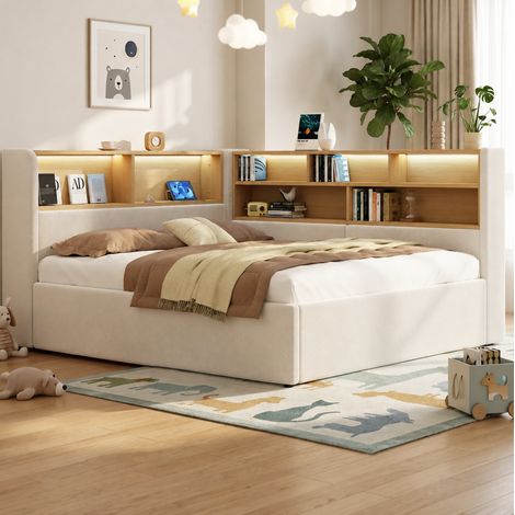 Etagenbett 140/200 cm aus Samt in Beige mit Stauraum, LED und USB (1/5)