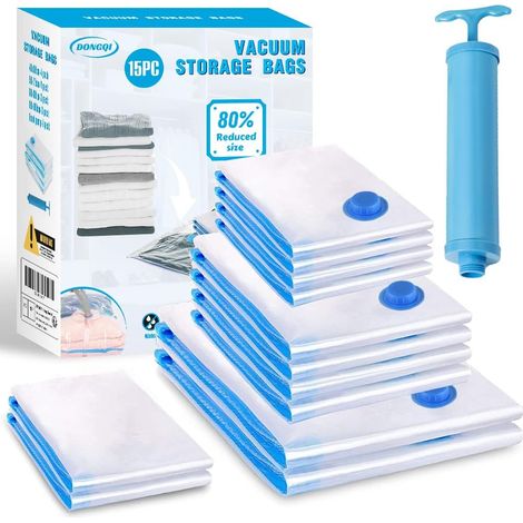 Sacs de Rangement Sous Vide Lot de 14 Sacs de Rangement sous Vide Aspirateur+1 Pompe, Sac Compression Rangement Voyage, Literie Oreillers Couette Penderie Manteau (1/5)