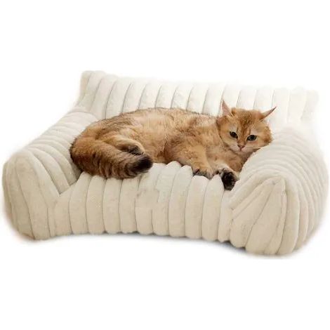 Canapé-lit pour chat, lit mignon pour chats et chiens de petite, moyenne et grande taille, canapé-lit moelleux pour animaux de compagnie d'intérieur avec fond antidérapant et housse lavable, blanc (S) (1/3)