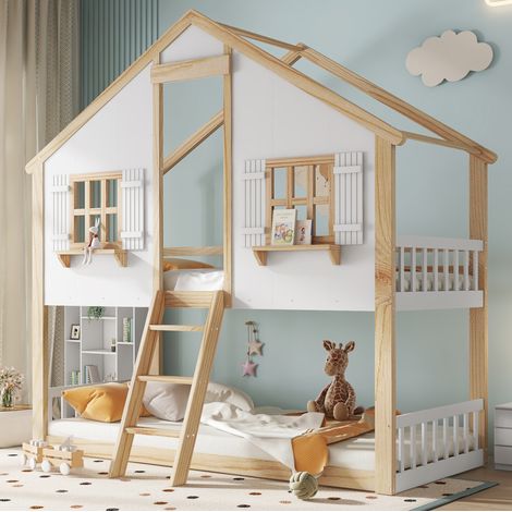 Cama litera infantil con escalera y barandillas 90x200 OKMYHOME (1/5)