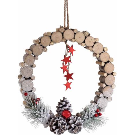 Ghirlande natalizie di tronchetti in legno con decori stelline, aghi di pino innevati, bacche e pigne innevate da appendere, set da 2 pezzi, Ø 30 cm