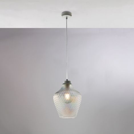 Sospensione in ferro laccato bianco con cavo elettrico regolabile e diffusore in vetro soffiato trasparente con decoro in rilievo 1 luce H.35 - MAX 135 - Ø21