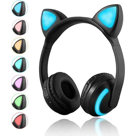 Casque stéréo supra-auriculaire sans fil Bluetooth avec oreilles de chat, microphone et lumière LED clignotante 7 couleurs
