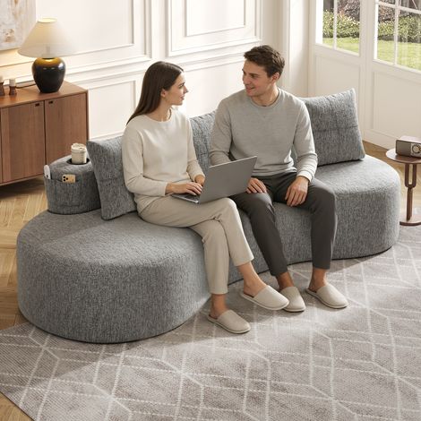 Canapé en lin gris clair 4 coussins garnissage mousse haute densité plumes porte-gobelet poche latérale 220x90x85 cm