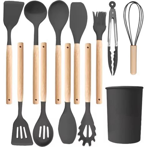 Ensemble de 12 pièces de batterie de cuisine antiadhésive en silicone (gris foncé), comprenant une spatule et un fouet. (1/2)