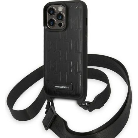 Custodia rigida Karl Lagerfeld KLHCP14LSTMMK per iPhone 14 Pro 6.1, nera/nera, con placca monogramma e cinturino con logo. (1/5)
