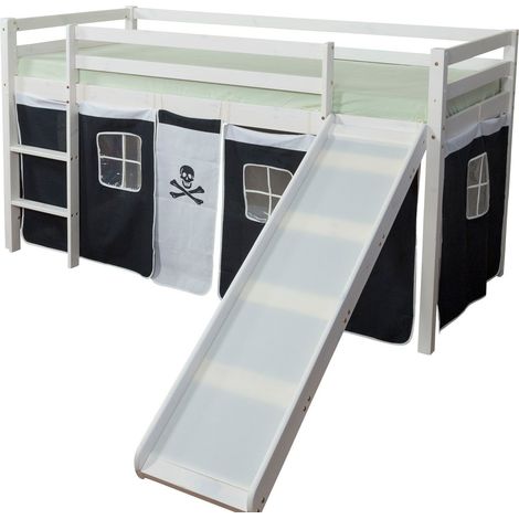Cama altillo 90x200cm con escalera corredera en madera blanca y lona pirata negra LIT06117