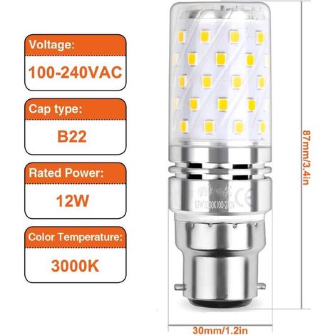 LED Ampoule à Maïs 12W, 100W Équivalent Ampoules à Incandescence, B22 Casquette Baïonnette, 3000K Blanc Chaud, 1450LM, Pack of 4 (1/4)
