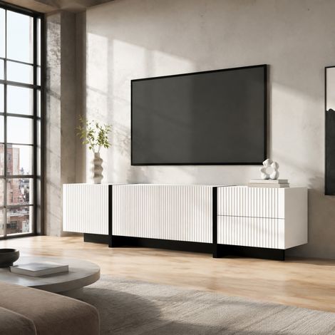 Mueble TV 190 cm con 3 puertas y 2 cajones, blanco y negro DESVIAE (1/5)