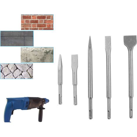 Set mit 5 Meißeln für Schlagbohrmaschinen, spitz und flach, Rundschaft, robust und praktisch, Bohrer, komplettes Set. (1/5)