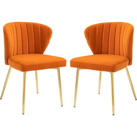 FIXIMASTER Lot de 2 Chaises de Salle à Manger et Cuisine en Velours, Rembourrées Ergonomiques, Pieds Dorés - Orange (1/5)