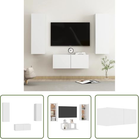 The Living Store 3-tlg. TV-Schrank-Set Weiß Holzwerkstoff - TV Schrank - Wandregal - Wohnzimmereinrichtung - Regal Weiß - Holzmöbel (1/5)