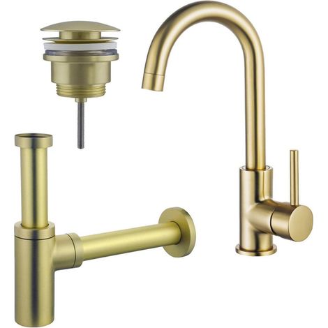 Fortifura Calvi Kit robinet lavabo - robinet haut - bec rotatif - bonde clic clac - siphon design - Laiton brossé PVD
