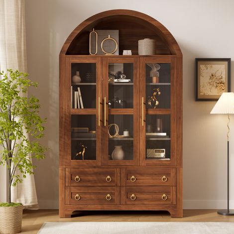 Credenza alta vetrina 110x40x185 cm - mobile soggiorno con 3 ante in vetro e 4 cassetti - mobiletto cucina dispensa moderno legno mdf - noce (1/5)