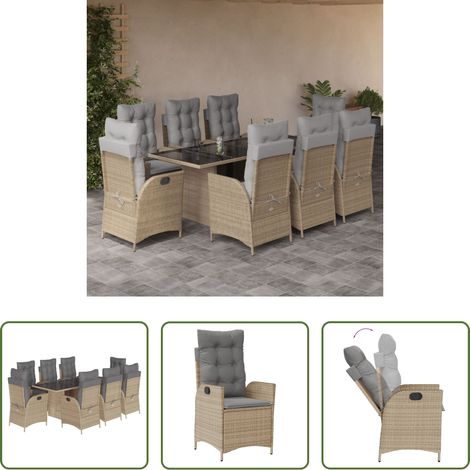 Gartentisch - 9-tlg. Garten-Essgruppe mit Kissen Beigemischung Poly Rattan (1/5)