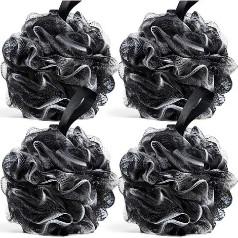Lot de 4 éponges de douche noires avec corde de suspension, gants de crêpage pour hommes et femmes, exfoliation douce et nettoyage apaisant de la peau. (1/5)