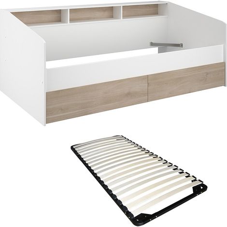 Letto Con vani portaoggetti 90 x 190/200 cm Bianco e Naturale + Rete a doghe - PAULETTE
