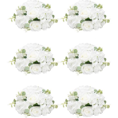 Lot de 6 boules de fleurs artificielles, centre de table mariage, compositions florales, arrangement floral pour banquet, fête et décoration d’événement (blanc, vert) (1/5)