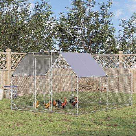 Recinto para animales (280x380x195 cm), con techo protector, puerta practicable, malla galvanizada, tejido Oxford, plata (1/5)