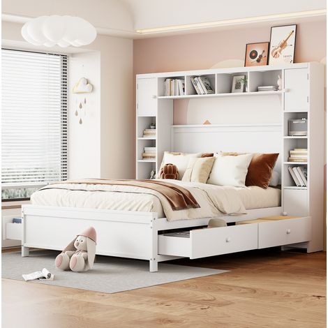 Letto contenitore 140x200 cm in legno massello bianco, con 4 cassetti, armadio laterale e rete a doghe (1/5)
