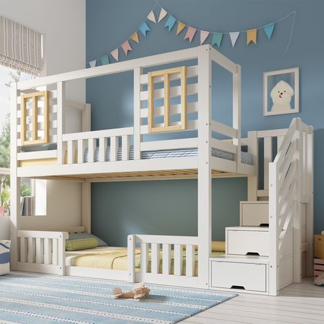 Lit superposé 90x200 cm, lit cabane enfant avec escalier de rangement et fenêtres, lit mezzanine gain de place, blanc