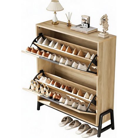 Meuble à chaussures étroit en bois naturel – 2 tiroirs basculants, rangement indépendant avec étagère réglable, pieds métalliques – Idéal entrée, couloir, salon – Couleur : bois naturel pur (1/5)