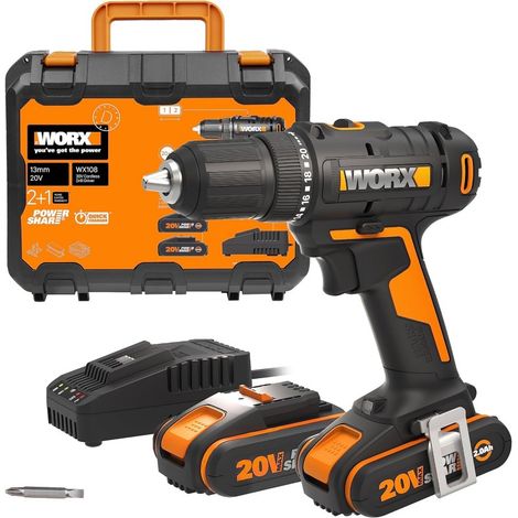 Worx wx108 Taladro atornillador 20V Máx. PowerShare, ligero, 2 baterías 2Ah, cargador y maletín Portabrocas 13mm, 45Nm, Luz LED y punta de atornillar doble (1/5)
