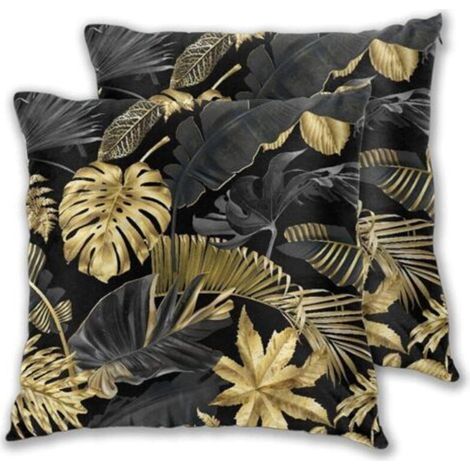 Kissenbezüge, Goldene und Schwarze Tropische Blätter auf Dunklem Hintergrund Kissenbezug 45x45 cm 2er Set Dekorative Kissenhüllen mit Unsichtbarem Reißverschluss