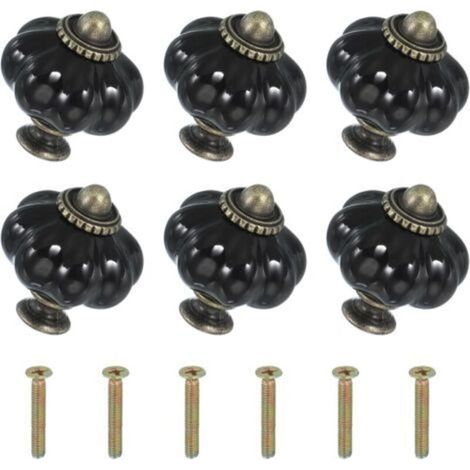Six boutons en céramique noire, de 3,3 x 3,3 x 3,8 cm chacun, avec vis. Boutons et poignées de tiroir en céramique en forme de citrouille. (1/5)