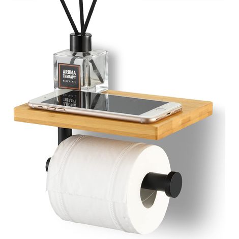 Porte Papier Toilette avec Étagère Bambou - Support Mural Rouleau en Acier Inoxydable SUS304, Noir Mat pour Salle de Bain