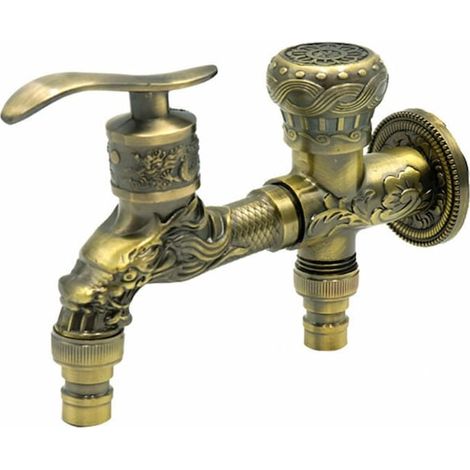 Robinet mural en laiton à motif dragon, design antique, 2 sorties, pour eau froide, finition brillante, robinet d'extérieur (1/5)